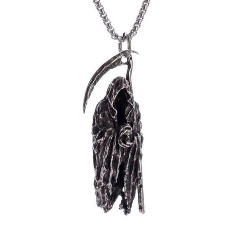 Grim Reaper Pendant Necklace Silvertone Gothic Halloween Death Biker Emo New
